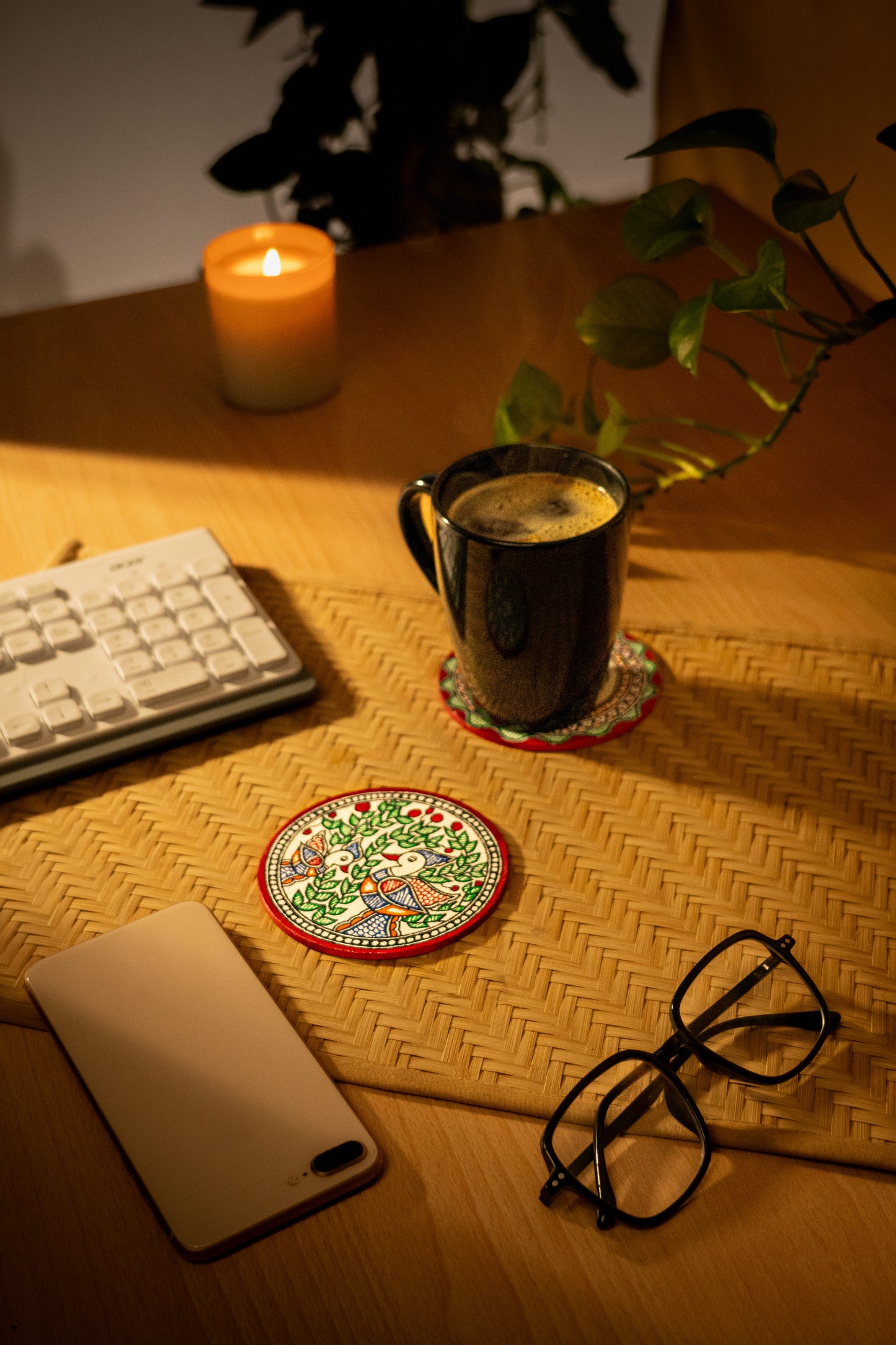 Madhubani Canvas Hand Painted Fish Coasters | Set of 2
