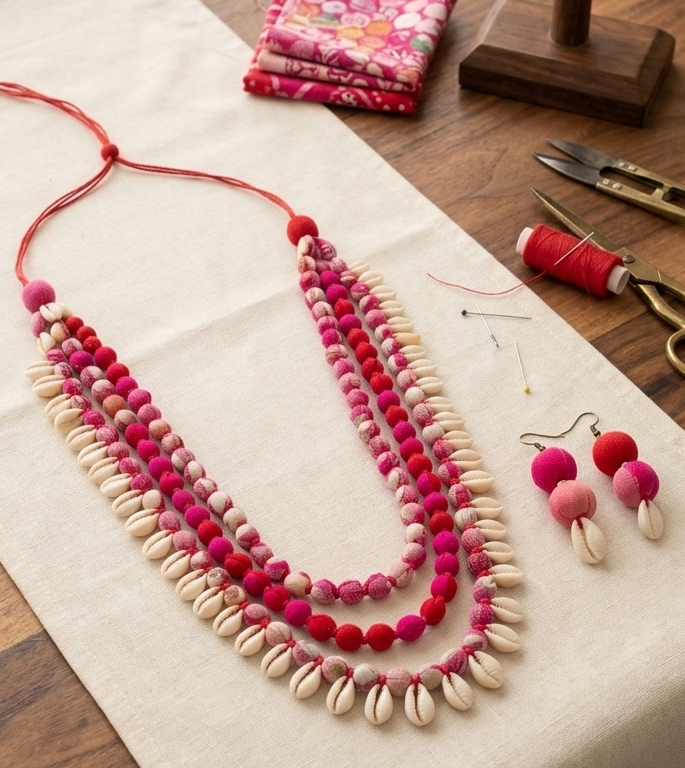 The Utsav Layered Shell Necklace Pink