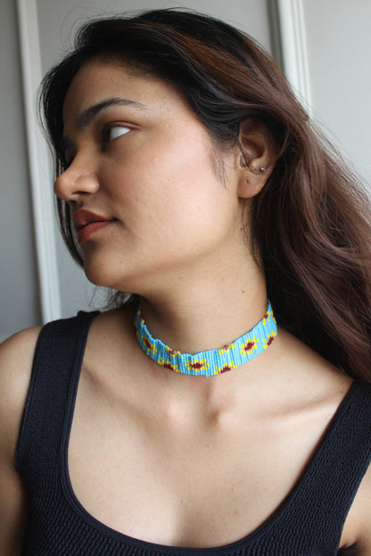 Sunflower | Handmade Blue Beaded Choker Necklace