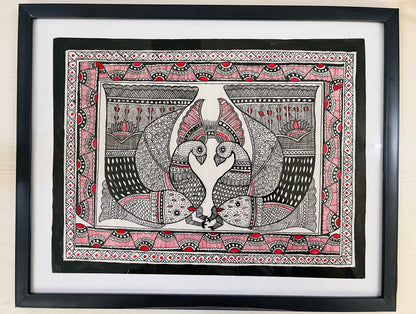 Madhubani Painting| dve Mayūra | 13inch X 16inch with Frame