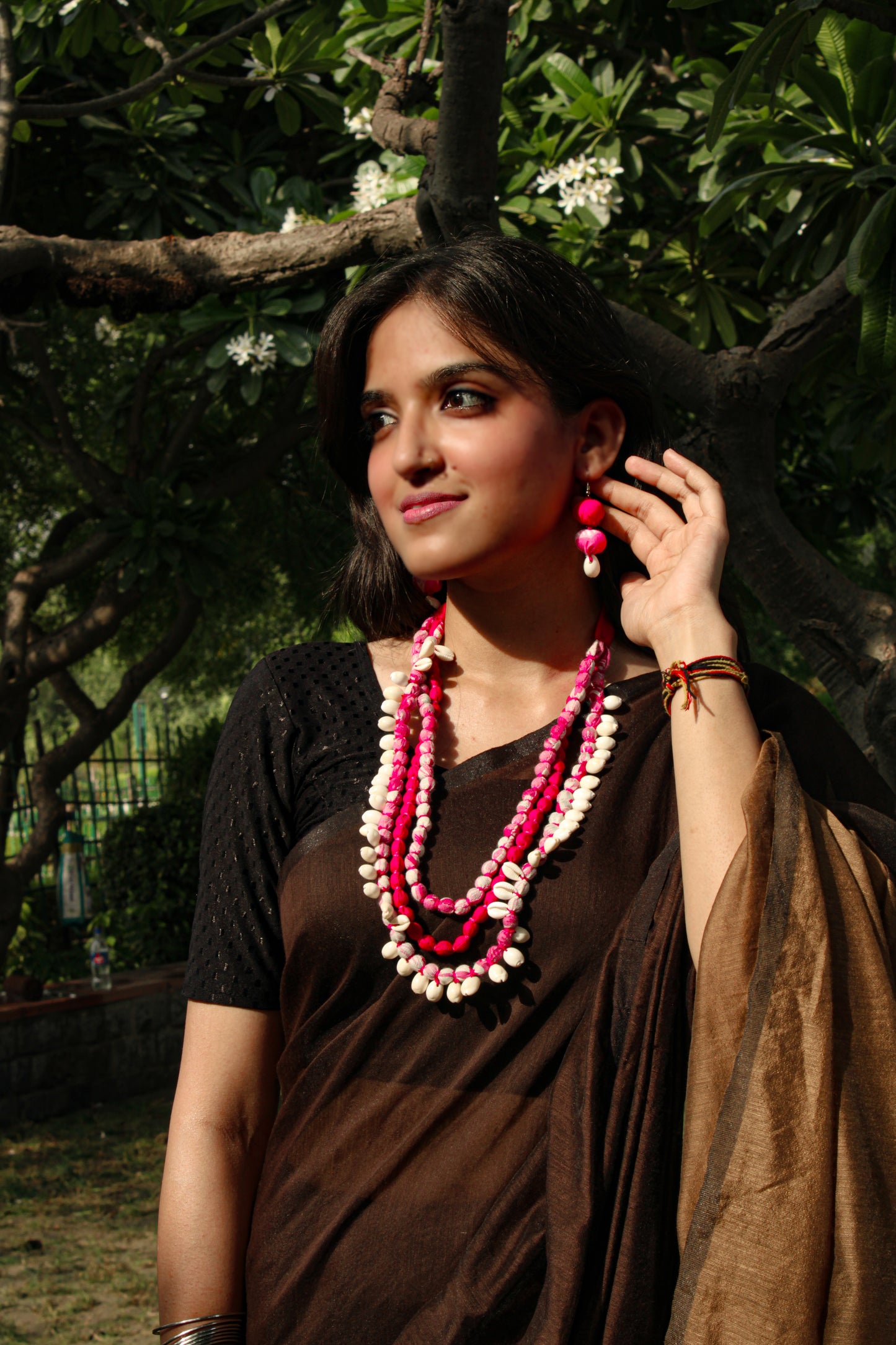 The Utsav Layered Shell Necklace Pink