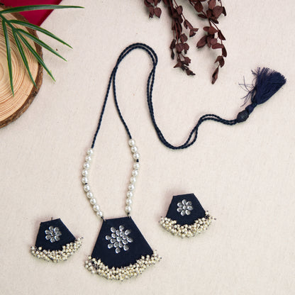 Jhilmil Fabric Necklace Earrings Jewellery Set for Women (Blue)