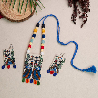 Madhubani Hand-Painted Peacock Necklace Set with Earrings