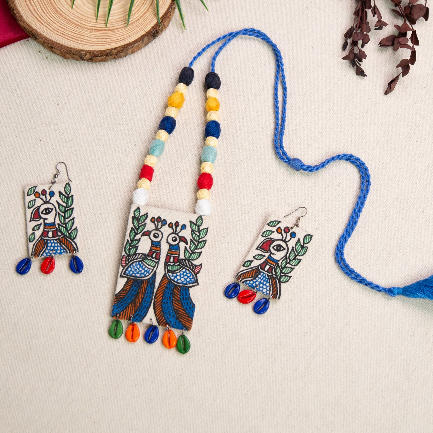 Madhubani Hand-Painted Peacock Necklace Set with Earrings