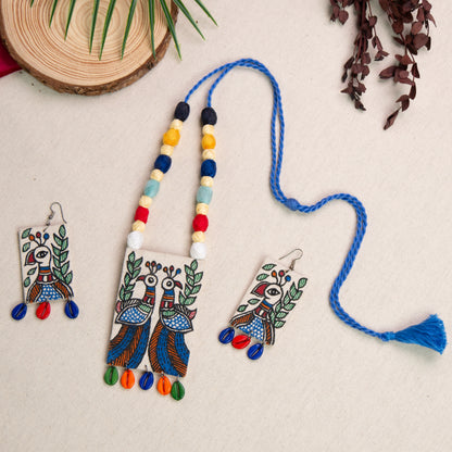 Madhubani Hand-Painted Peacock Necklace Set with Earrings
