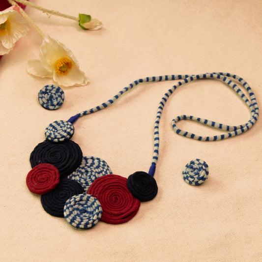Fabric Spiral Necklace Earrings Jewellery Set for Women (Blue & Red)