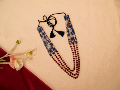 Fabric Beaded Necklace Earrings Jewellery Set for Women (Blue & Red)