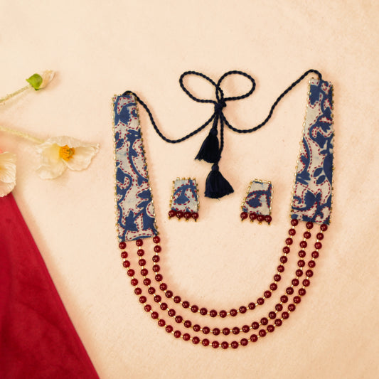 Fabric Beaded Necklace Earrings Jewellery Set for Women (Blue & Red)