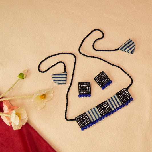 Fabric Square Necklace Earrings Jewellery Set for Women (blue)