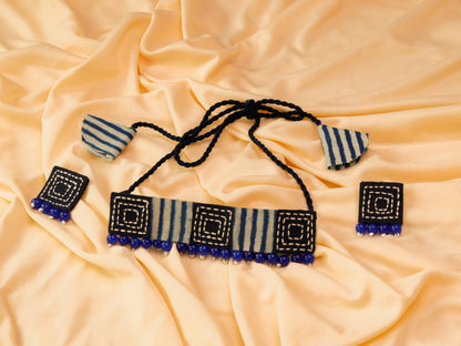 Tarang Fabric Square Necklace Earrings Jewellery Set for Women (Blue)