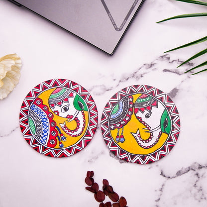 Hand-Painted Madhubani Elephant Vriksh Gaja Coaster set of 2 – Traditional Indian Folk Art on Wood – Eco-Friendly, Gift-Ready Home Décor