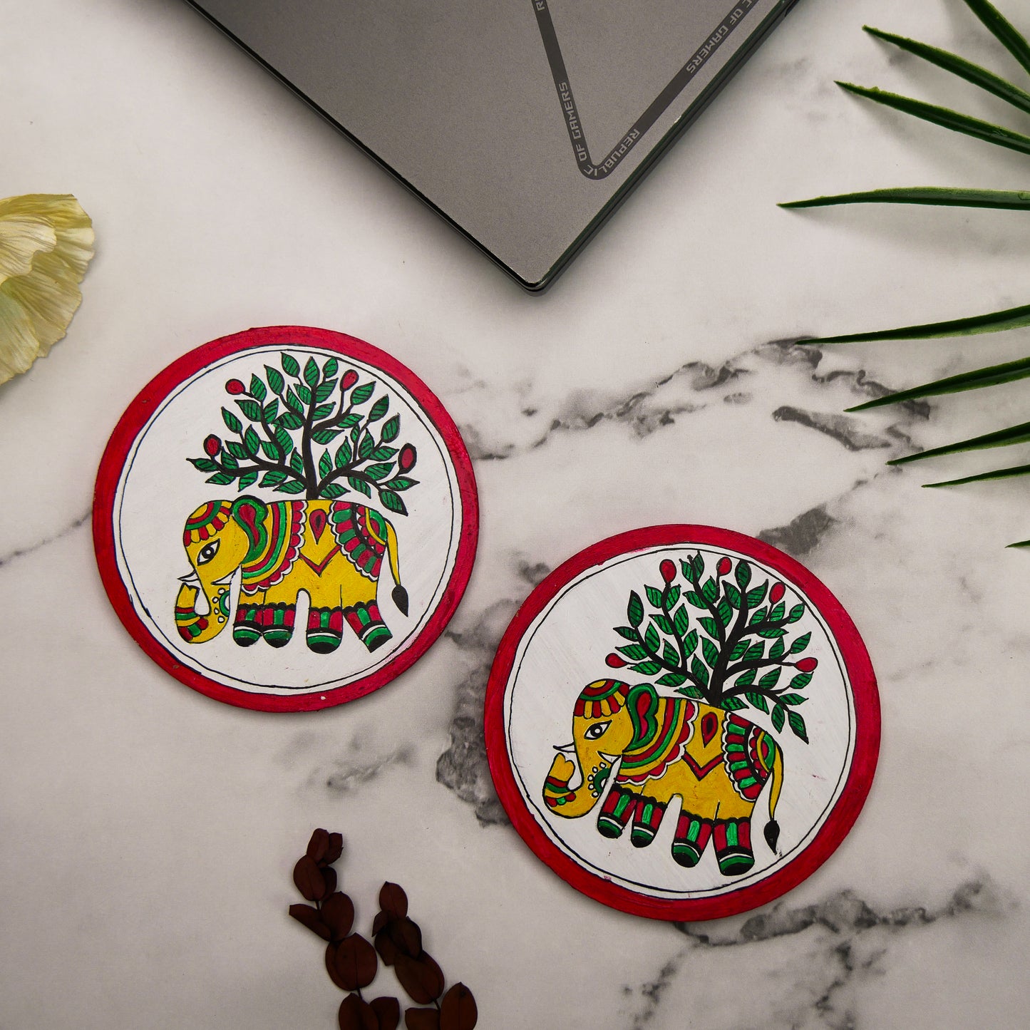 Hand-Painted Madhubani Elephant Vriksh Gaja Coaster set of 2 – Traditional Indian Folk Art on Wood – Eco-Friendly, Gift-Ready Home Décor