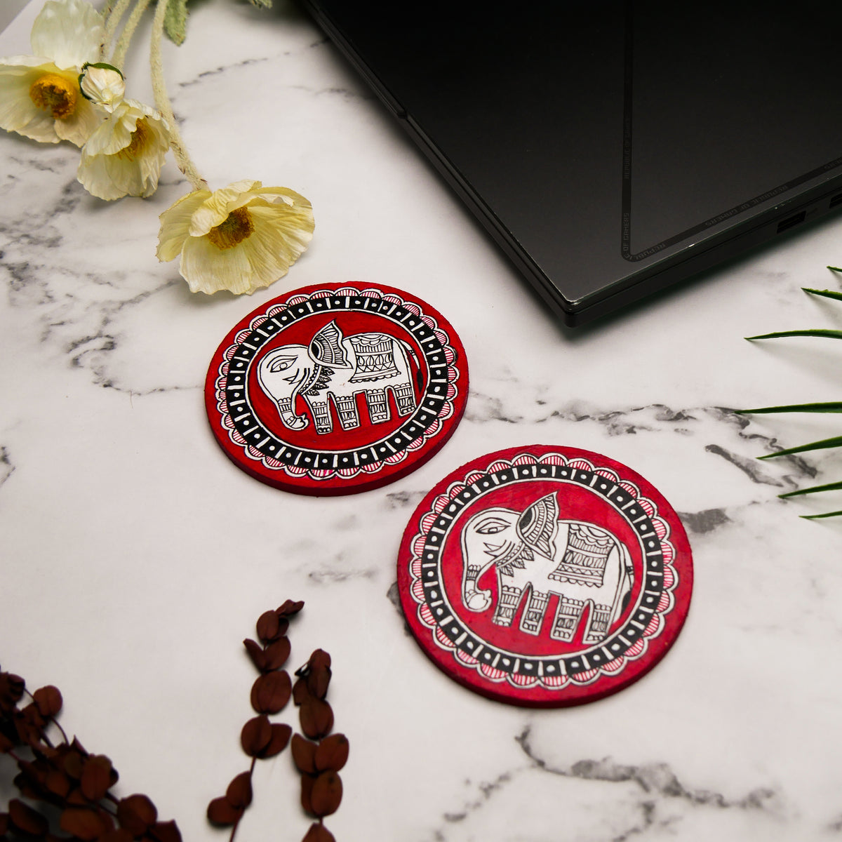 Hand-Painted Madhubani Elephant lal Gaja Coaster set of 2 – Traditional Indian Folk Art on Wood – Eco-Friendly, Gift-Ready Home Décor