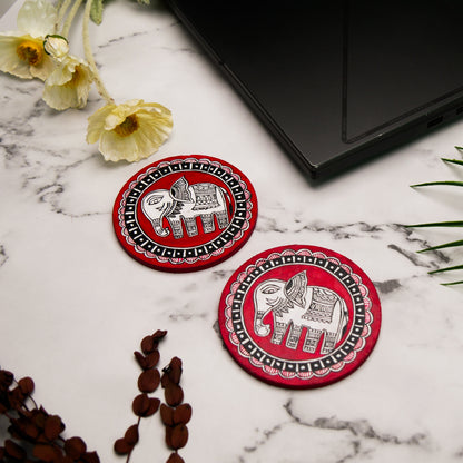 Hand-Painted Madhubani Elephant lal Gaja Coaster set of 2 – Traditional Indian Folk Art on Wood – Eco-Friendly, Gift-Ready Home Décor