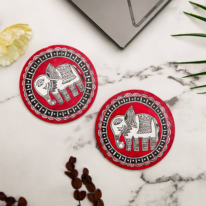 Hand-Painted Madhubani Elephant lal Gaja Coaster set of 2 – Traditional Indian Folk Art on Wood – Eco-Friendly, Gift-Ready Home Décor