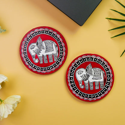 Hand-Painted Madhubani Elephant lal Gaja Coaster set of 2 – Traditional Indian Folk Art on Wood – Eco-Friendly, Gift-Ready Home Décor