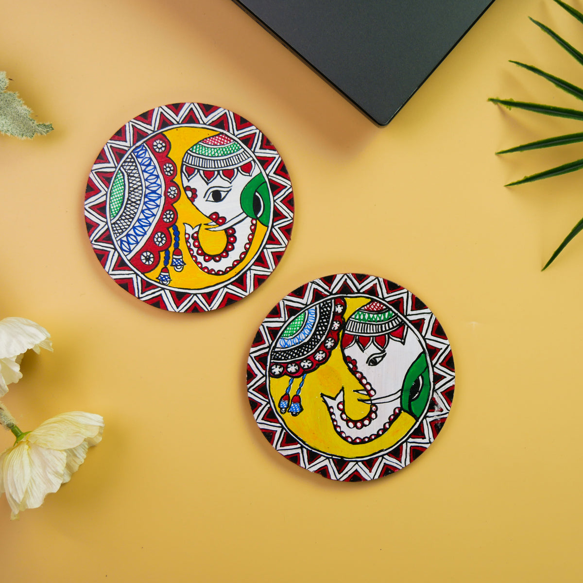 Hand-Painted Madhubani Elephant Vriksh Gaja Coaster set of 2 – Traditional Indian Folk Art on Wood – Eco-Friendly, Gift-Ready Home Décor