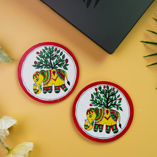 Hand-Painted Madhubani Elephant Vriksh Gaja Coaster set of 2 – Traditional Indian Folk Art on Wood – Eco-Friendly, Gift-Ready Home Décor
