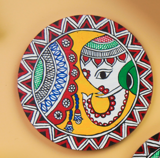 Hand-Painted Madhubani Elephant Vriksh Gaja Coaster set of 2 – Traditional Indian Folk Art on Wood – Eco-Friendly, Gift-Ready Home Décor