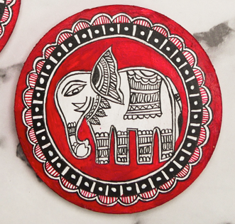 Hand-Painted Madhubani Elephant lal Gaja Coaster set of 2 – Traditional Indian Folk Art on Wood – Eco-Friendly, Gift-Ready Home Décor