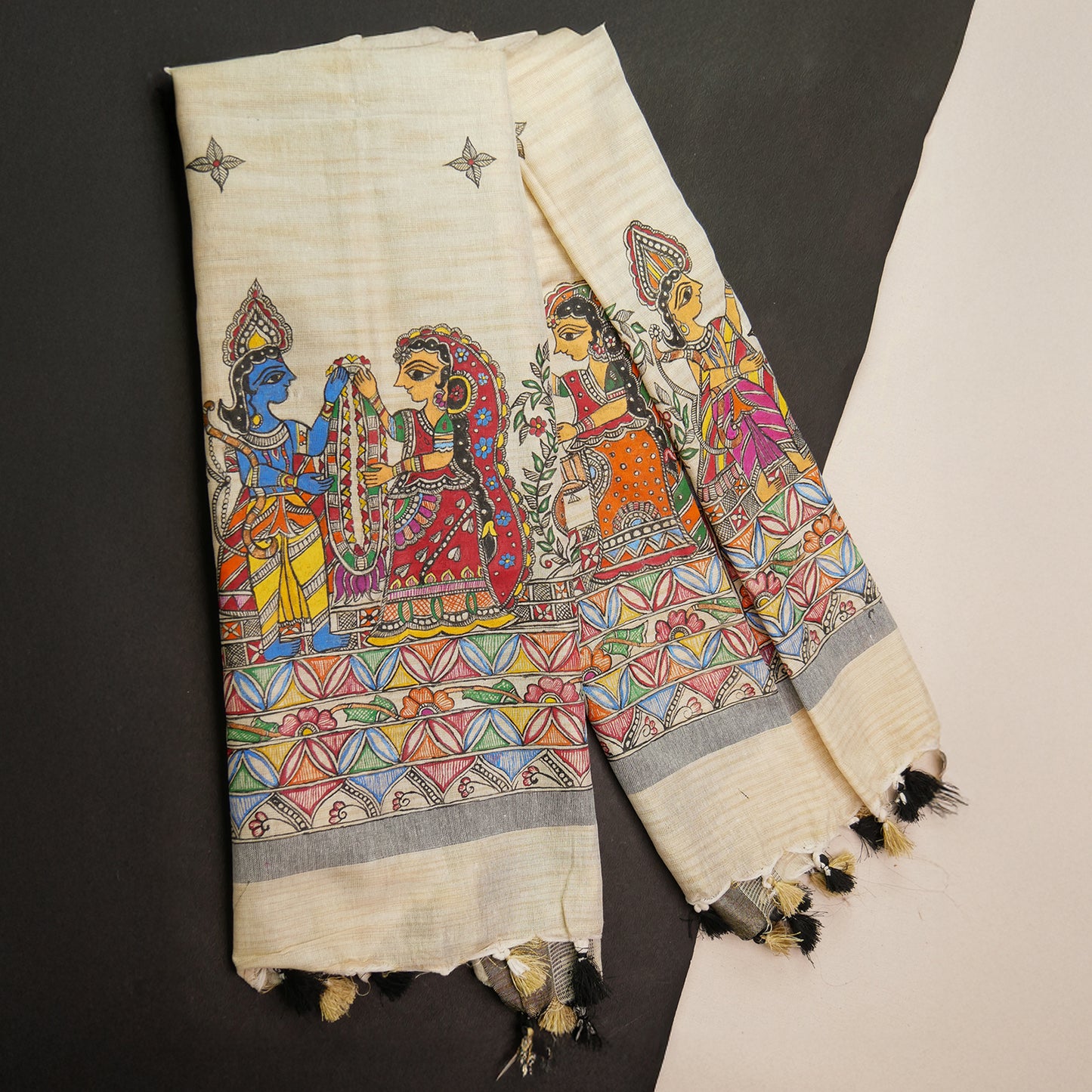 Madhubani Art Cotton Stole with Printed Wedding - Marriage & Patterns in Bloom