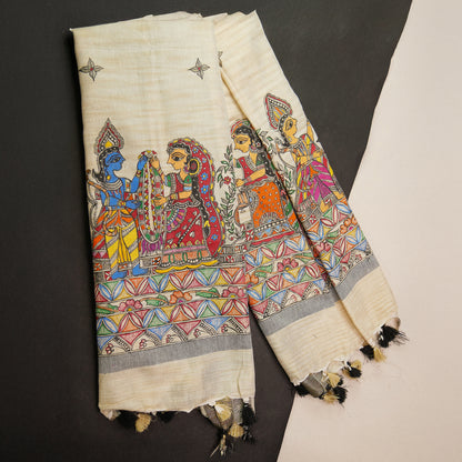 Madhubani Art Cotton Stole with Printed Wedding - Marriage & Patterns in Bloom